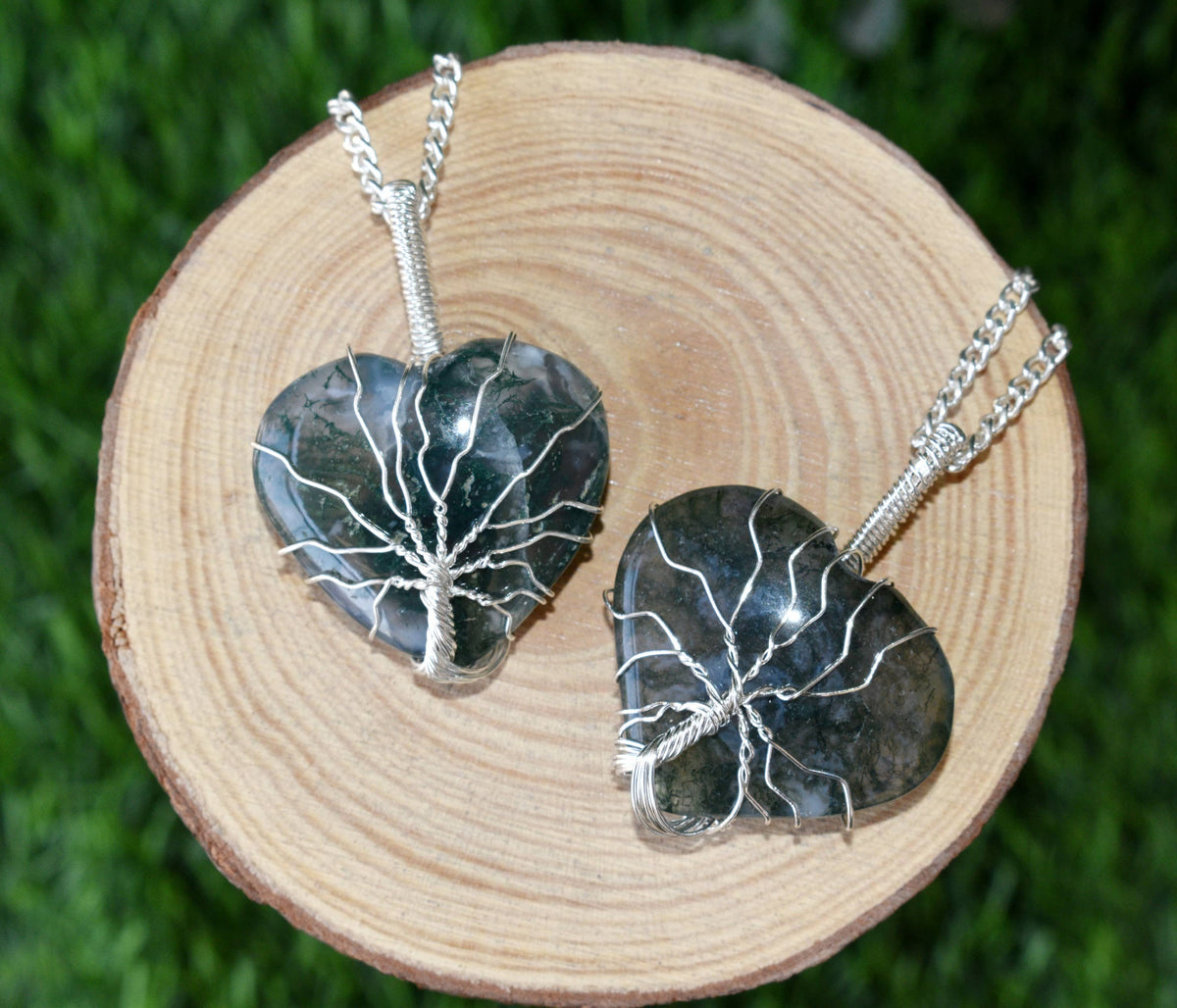 Moss Agate Heart Silver Wire Wrapped Pendant, Crystal Heart Gemstone Pendant. | | Wiccan Center