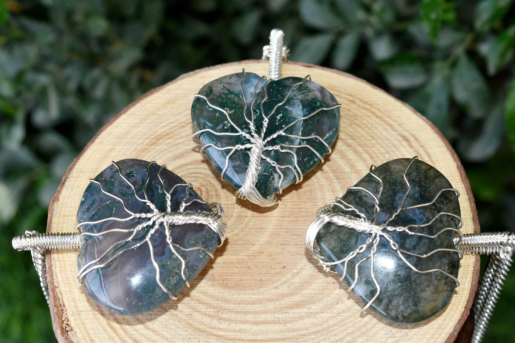 Moss Agate Heart Silver Wire Wrapped Pendant, Crystal Heart Gemstone Pendant. | | Wiccan Center
