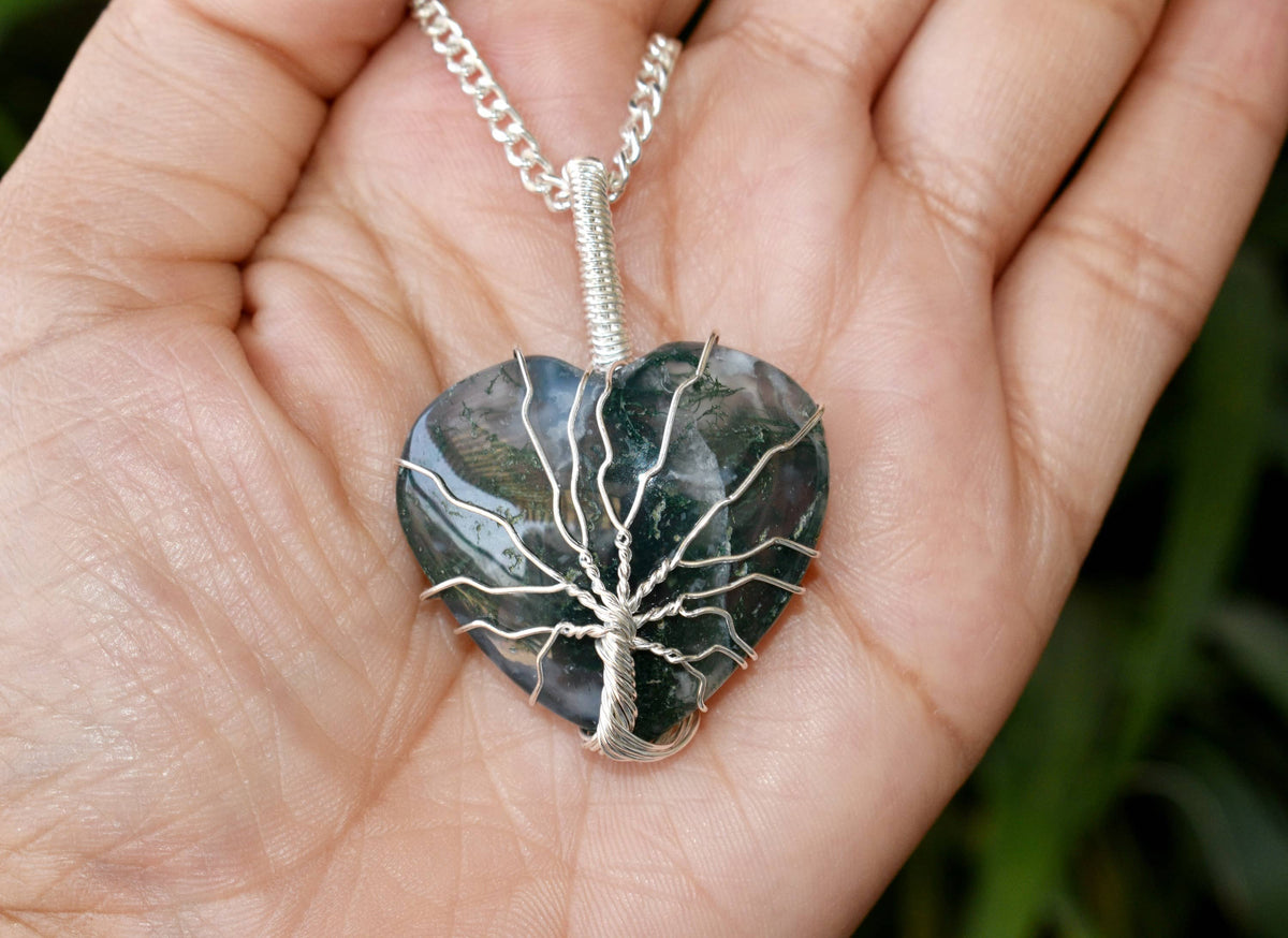Moss Agate Heart Silver Wire Wrapped Pendant, Crystal Heart Gemstone Pendant. | | Wiccan Center