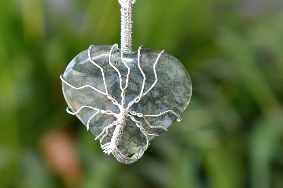 Moss Agate Heart Silver Wire Wrapped Pendant, Crystal Heart Gemstone Pendant. | | Wiccan Center