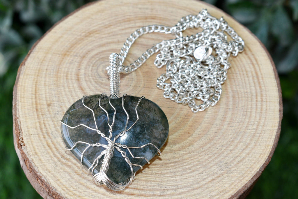 Moss Agate Heart Silver Wire Wrapped Pendant, Crystal Heart Gemstone Pendant. | | Wiccan Center