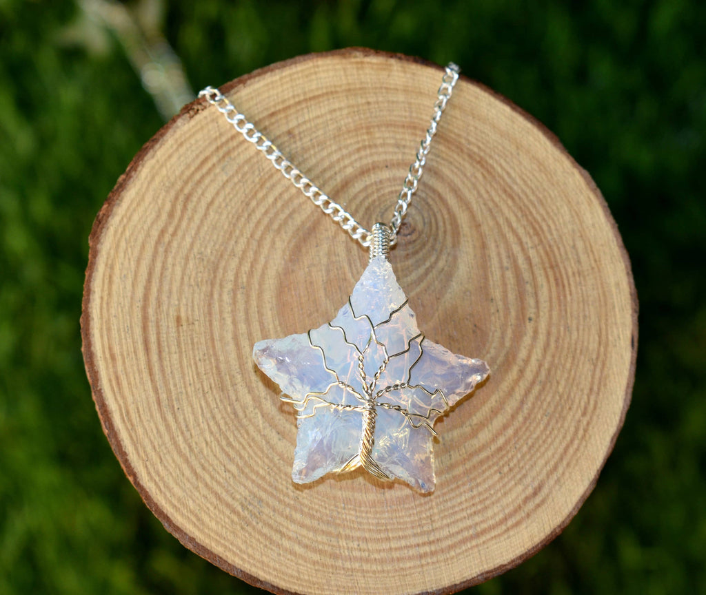 Opal Star Wire Wrapped Pendants, Silver Necklace with Chain