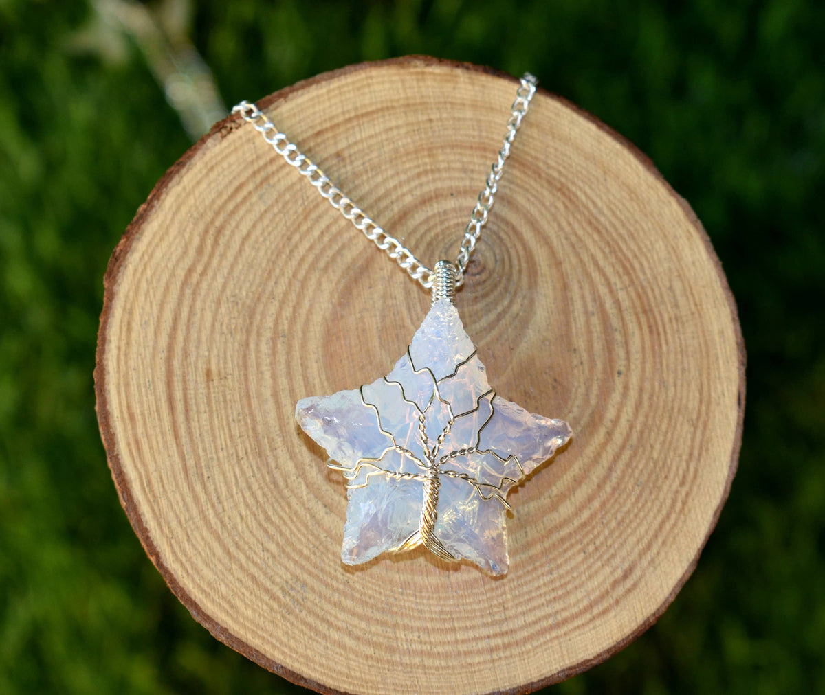 Opal Star Wire Wrapped Pendants, Silver Necklace with Chain