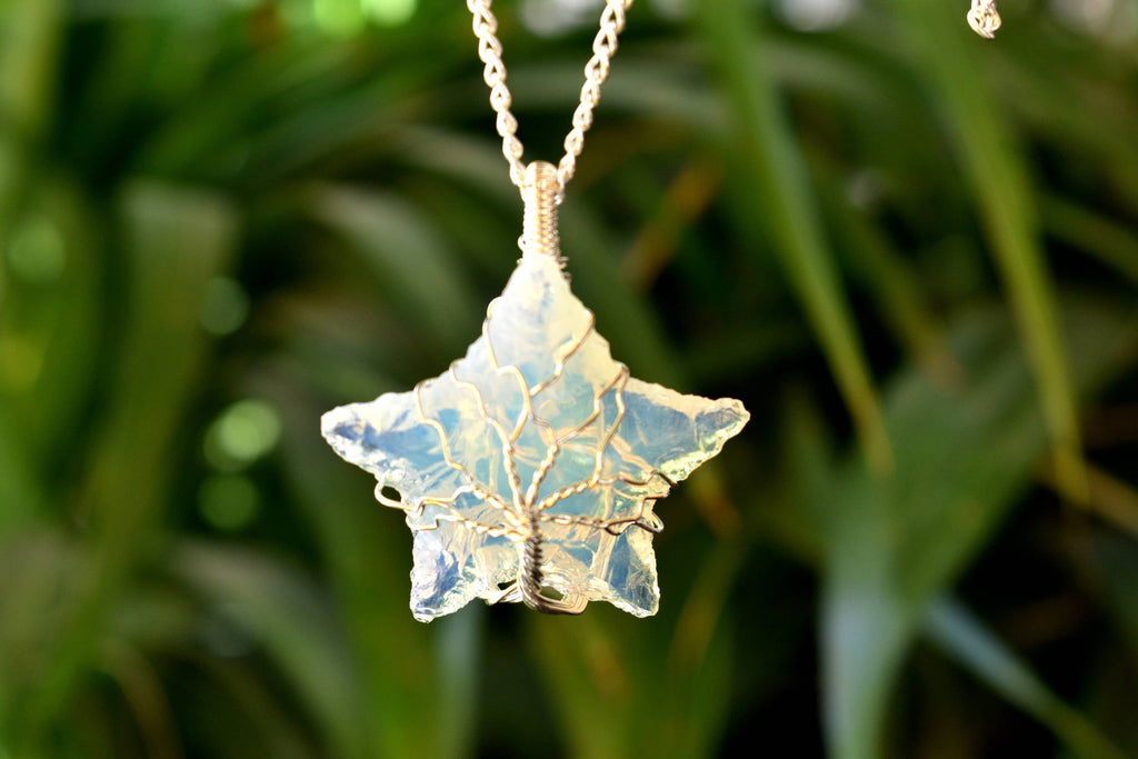Opal Star Wire Wrapped Pendants, Silver Necklace with Chain