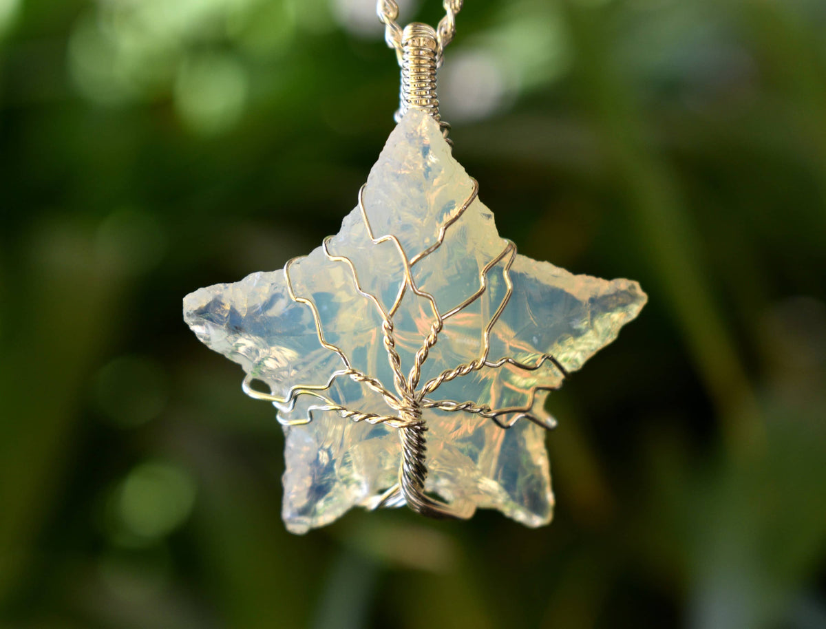 Opal Star Wire Wrapped Pendants, Silver Necklace with Chain