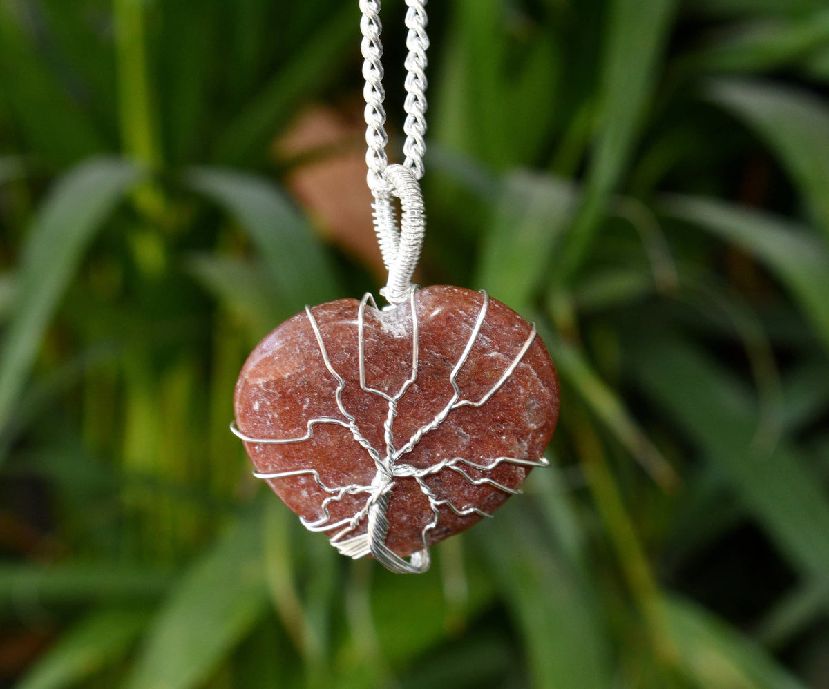 Red Aventurine Heart Silver Wire Wrapped Pendant, Crystal Heart Silver Wrapped Pendant ~ Heart Gemstone Pendant. | Pendants | Wiccan Center
