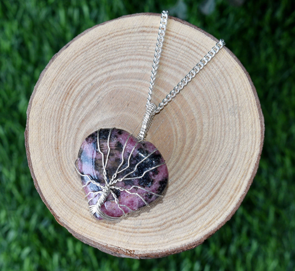 Rhodonite Heart Silver Wire Wrapped Pendant, Crystal Heart Gemstone Pendant | | Wiccan Center