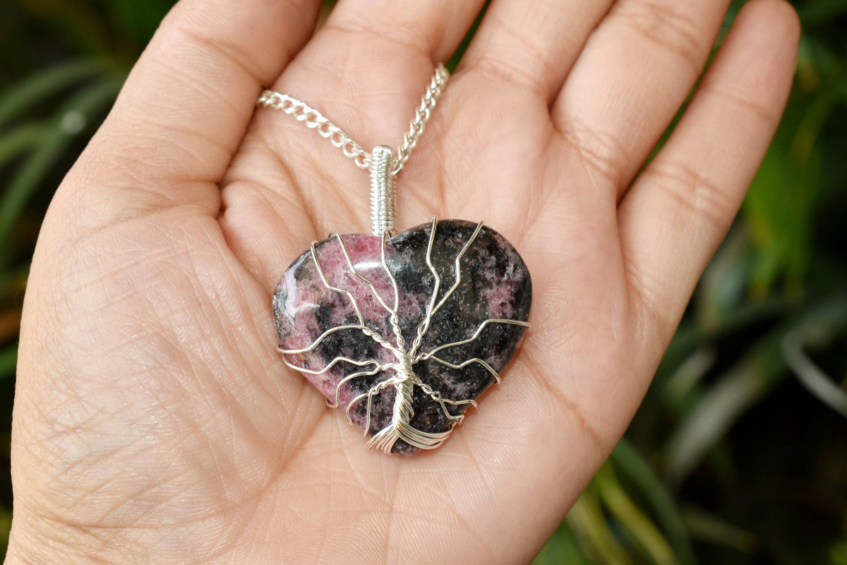 Rhodonite Heart Silver Wire Wrapped Pendant, Crystal Heart Gemstone Pendant | | Wiccan Center