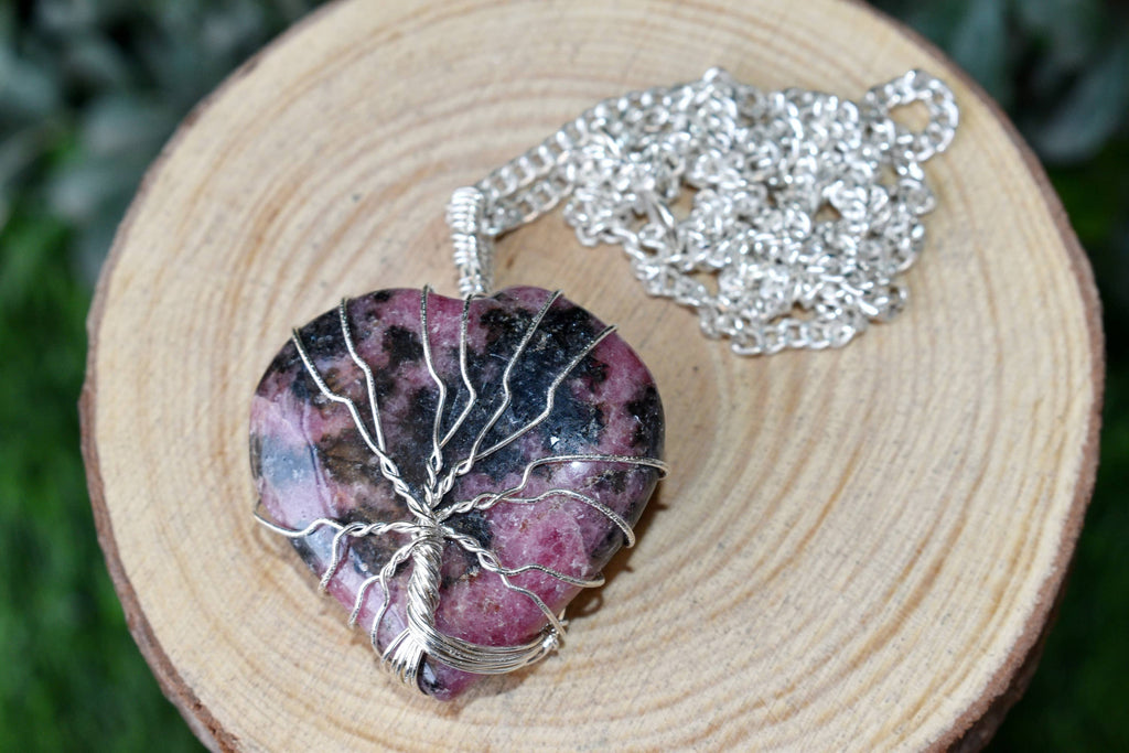 Rhodonite Heart Silver Wire Wrapped Pendant, Crystal Heart Gemstone Pendant | | Wiccan Center
