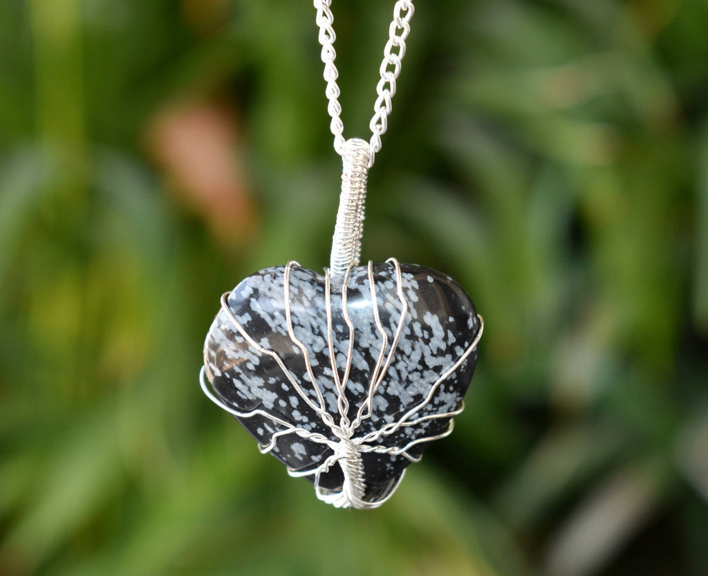 Snowflake Obsidian Heart Silver Wire Wrapped Pendant, Crystal Heart Gemstone Pendant | | Wiccan Center