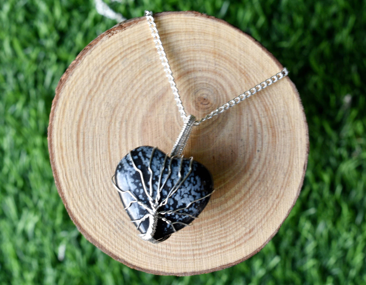 Snowflake Obsidian Heart Silver Wire Wrapped Pendant, Crystal Heart Gemstone Pendant | | Wiccan Center
