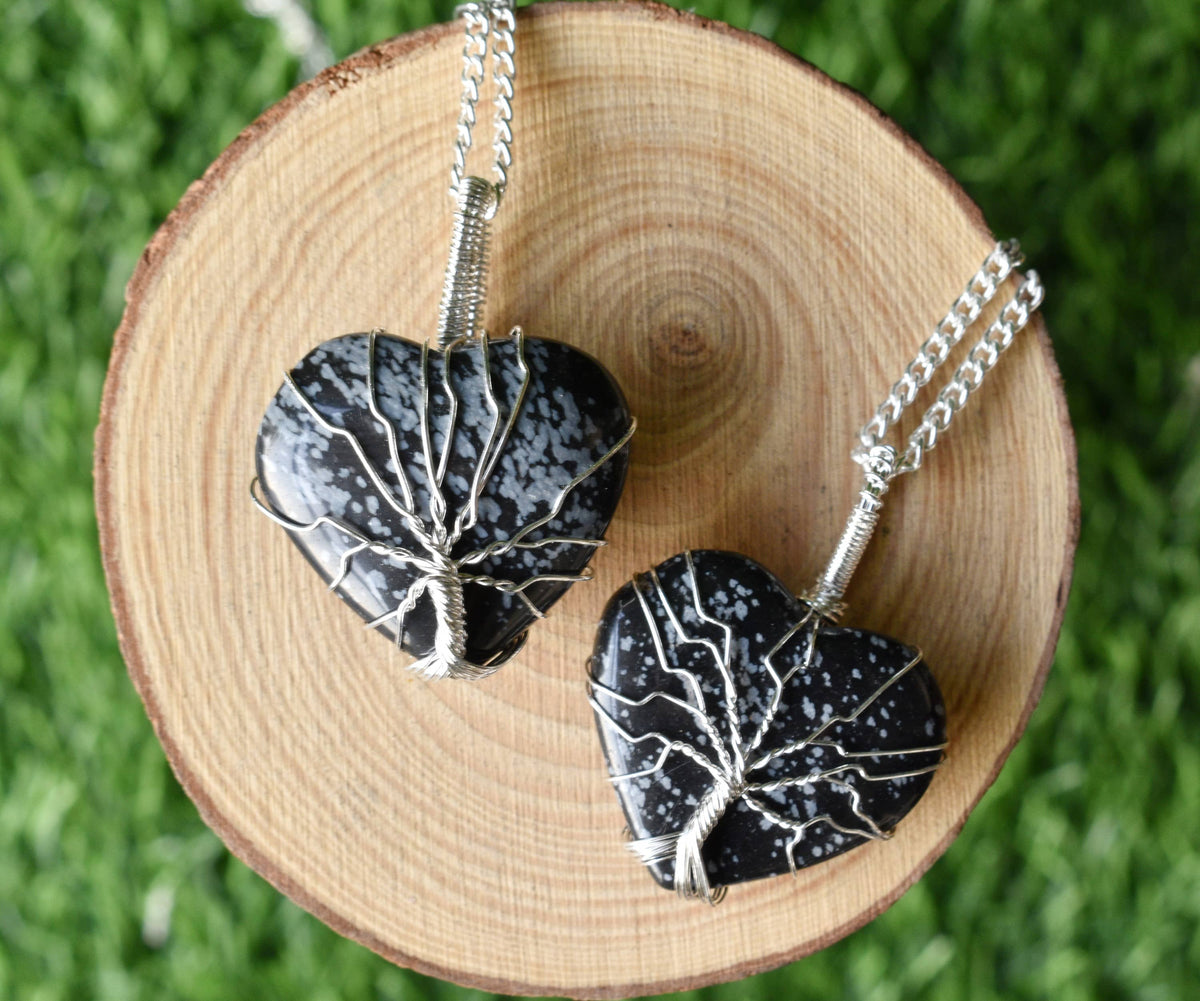 Snowflake Obsidian Heart Silver Wire Wrapped Pendant, Crystal Heart Gemstone Pendant | | Wiccan Center
