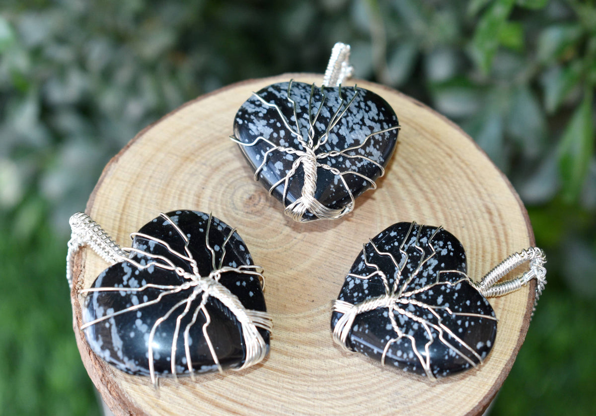 Snowflake Obsidian Heart Silver Wire Wrapped Pendant, Crystal Heart Gemstone Pendant | | Wiccan Center