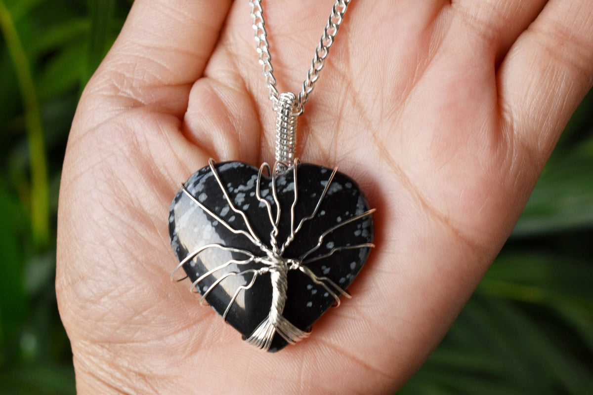 Snowflake Obsidian Heart Silver Wire Wrapped Pendant, Crystal Heart Gemstone Pendant | | Wiccan Center