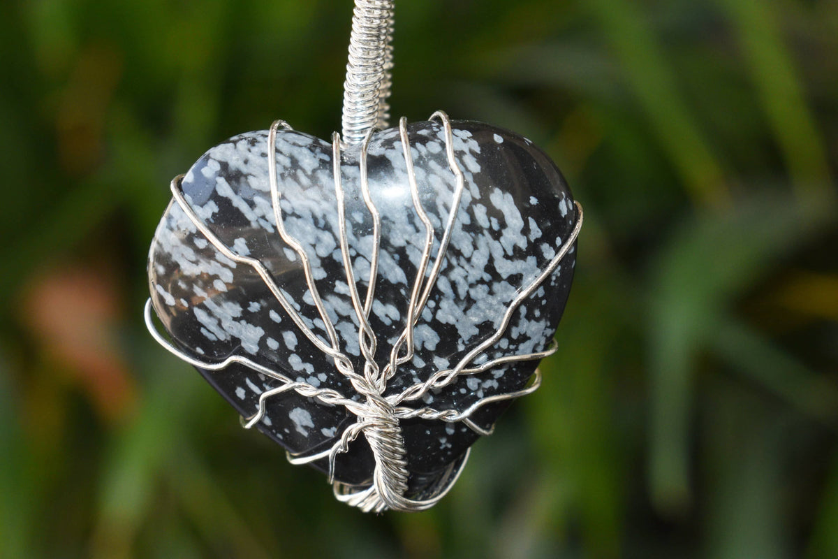 Snowflake Obsidian Heart Silver Wire Wrapped Pendant, Crystal Heart Gemstone Pendant | | Wiccan Center