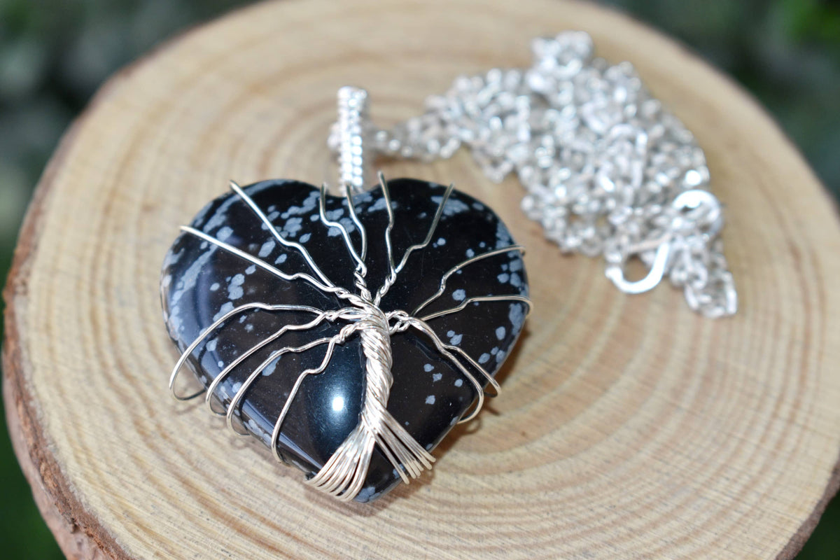 Snowflake Obsidian Heart Silver Wire Wrapped Pendant, Crystal Heart Gemstone Pendant | | Wiccan Center
