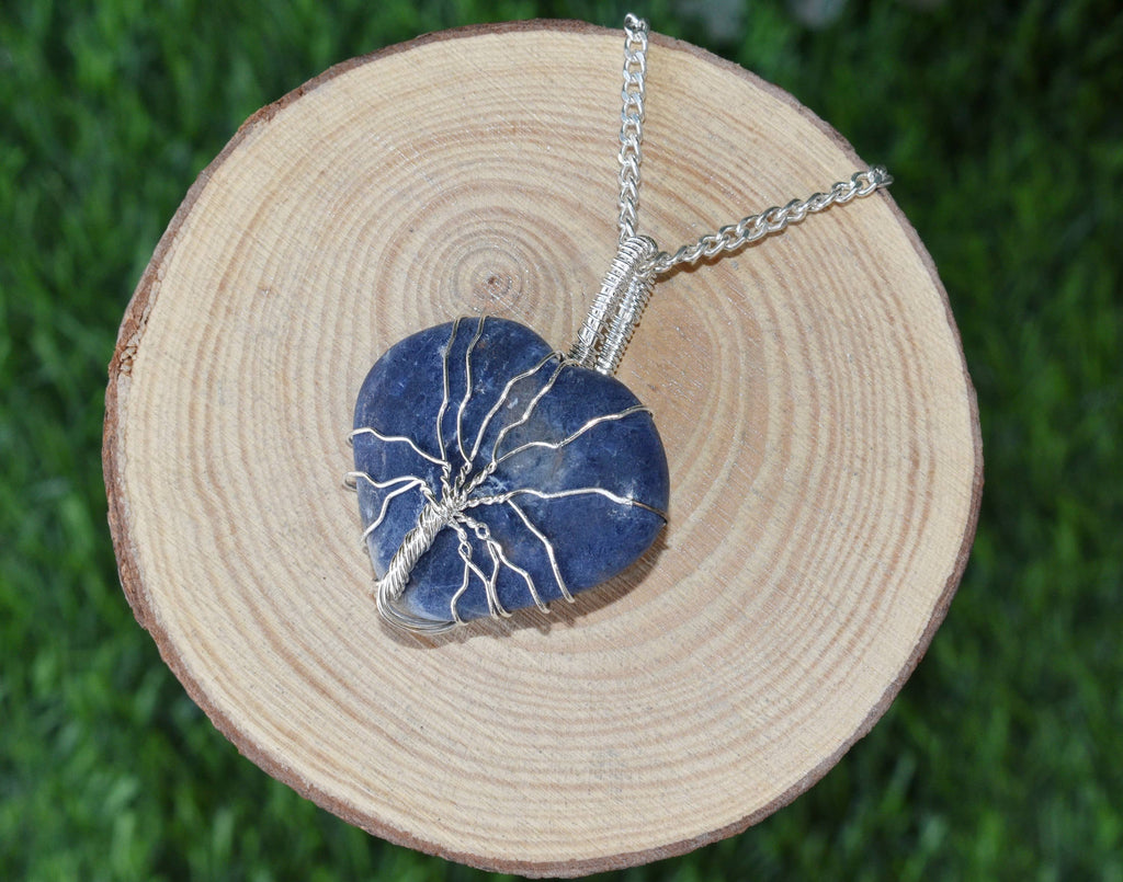 Sodalite Heart Silver Wire Wrapped Pendant, Crystal Heart Gemstone Pendant | | Wiccan Center