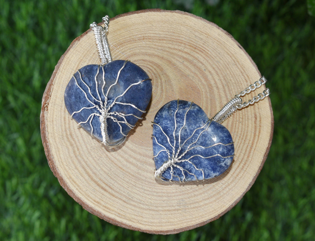 Sodalite Heart Silver Wire Wrapped Pendant, Crystal Heart Gemstone Pendant | | Wiccan Center