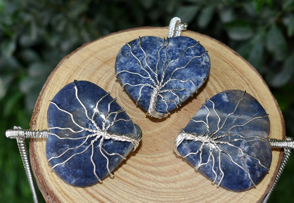 Sodalite Heart Silver Wire Wrapped Pendant, Crystal Heart Gemstone Pendant | | Wiccan Center