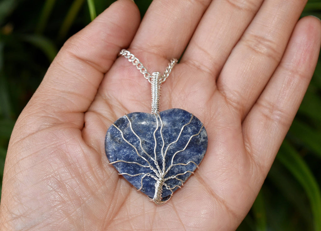 Sodalite Heart Silver Wire Wrapped Pendant, Crystal Heart Gemstone Pendant | | Wiccan Center