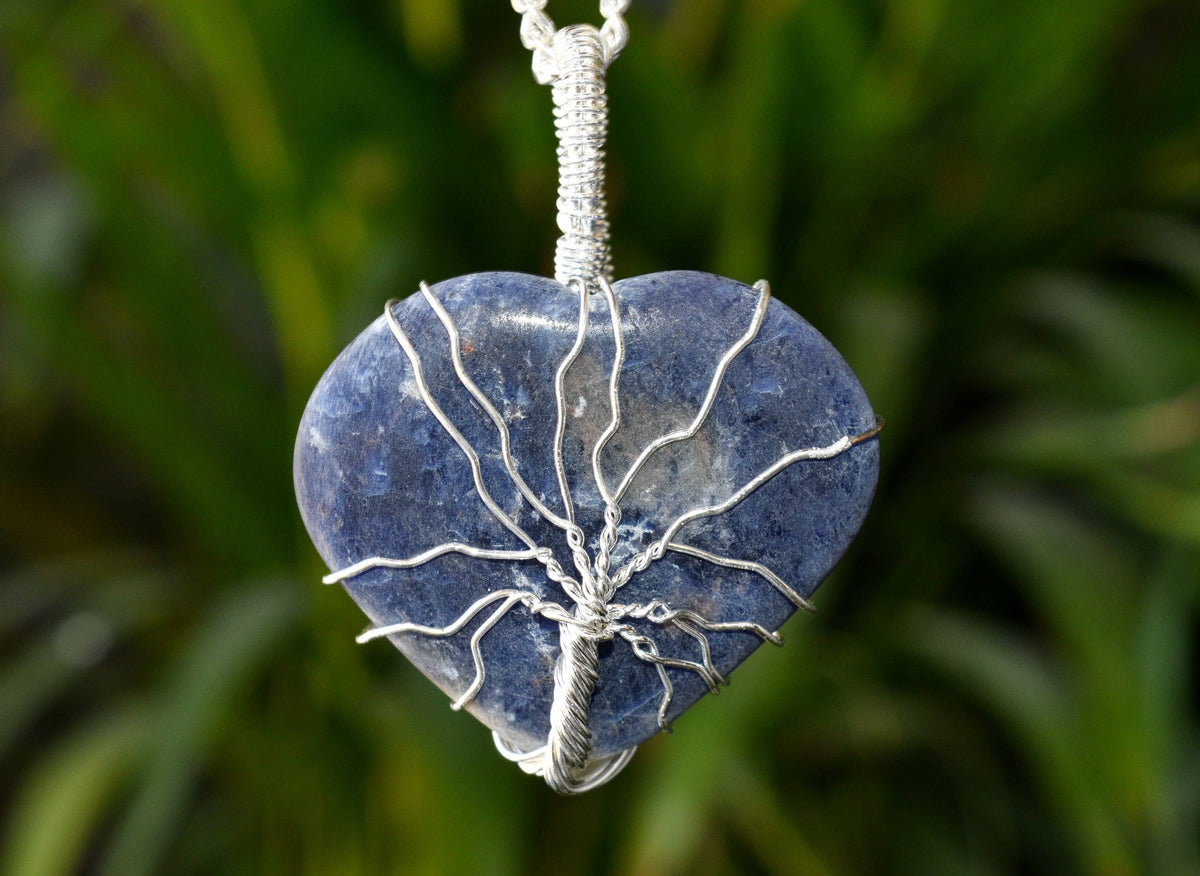 Sodalite Heart Silver Wire Wrapped Pendant, Crystal Heart Gemstone Pendant | | Wiccan Center