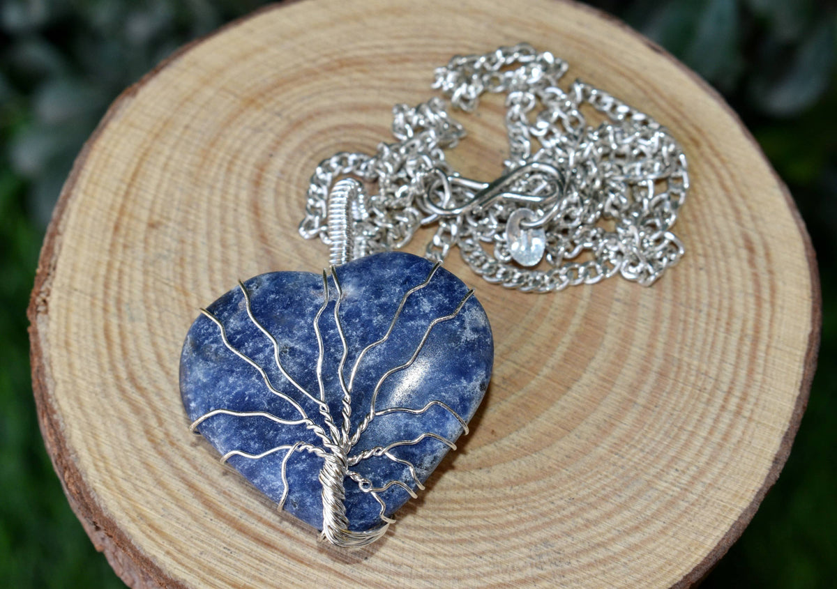 Sodalite Heart Silver Wire Wrapped Pendant, Crystal Heart Gemstone Pendant | | Wiccan Center