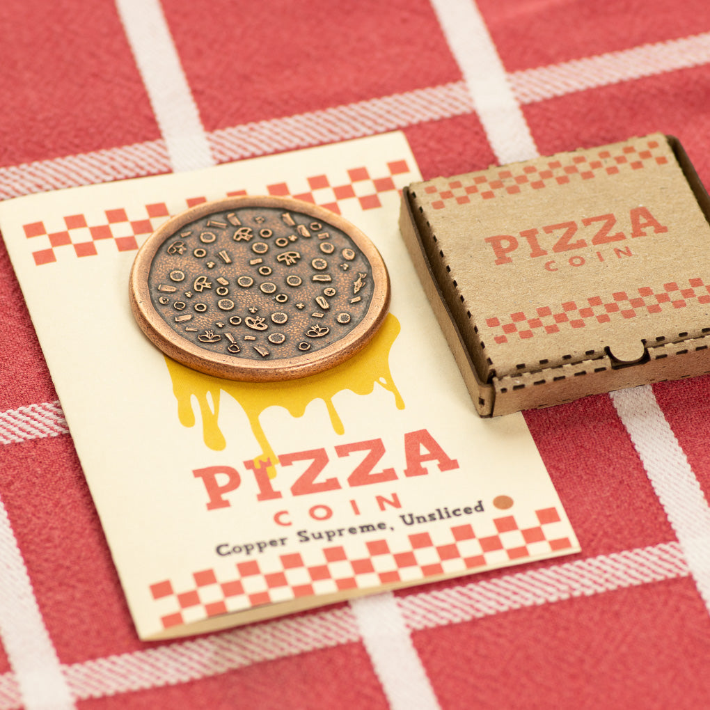 Supreme Pizza Coin in Copper with Tiny Pizza Box