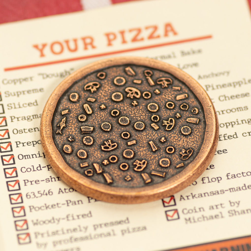 Supreme Pizza Coin in Copper with Tiny Pizza Box