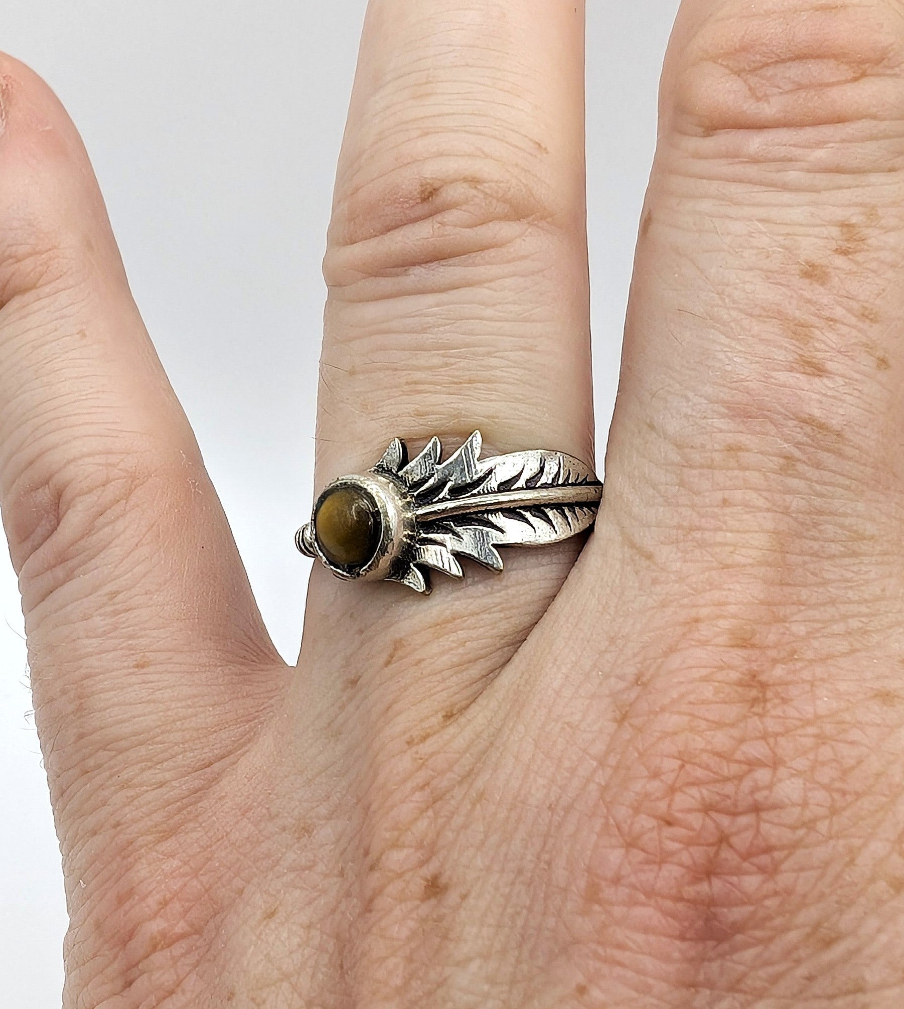 Ring Tiger's Eye Feather Silver Color Plated | | Wiccan Center