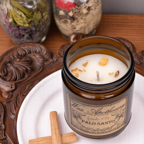 6 oz Botanical Candle in Amber Glass Jar - Palo Santo | Candle | Wiccan Center