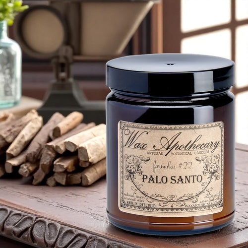 6 oz Botanical Candle in Amber Glass Jar - Palo Santo | Candle | Wiccan Center
