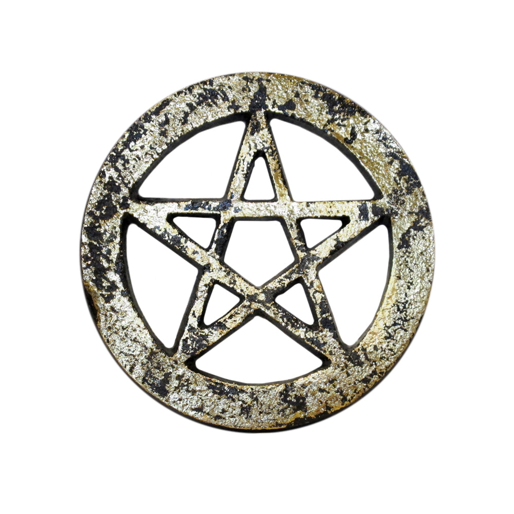 Black w/Gold Pentagram Metal Altar Tile Silver Plated over Solid Brass | Figurine | Wiccan Center