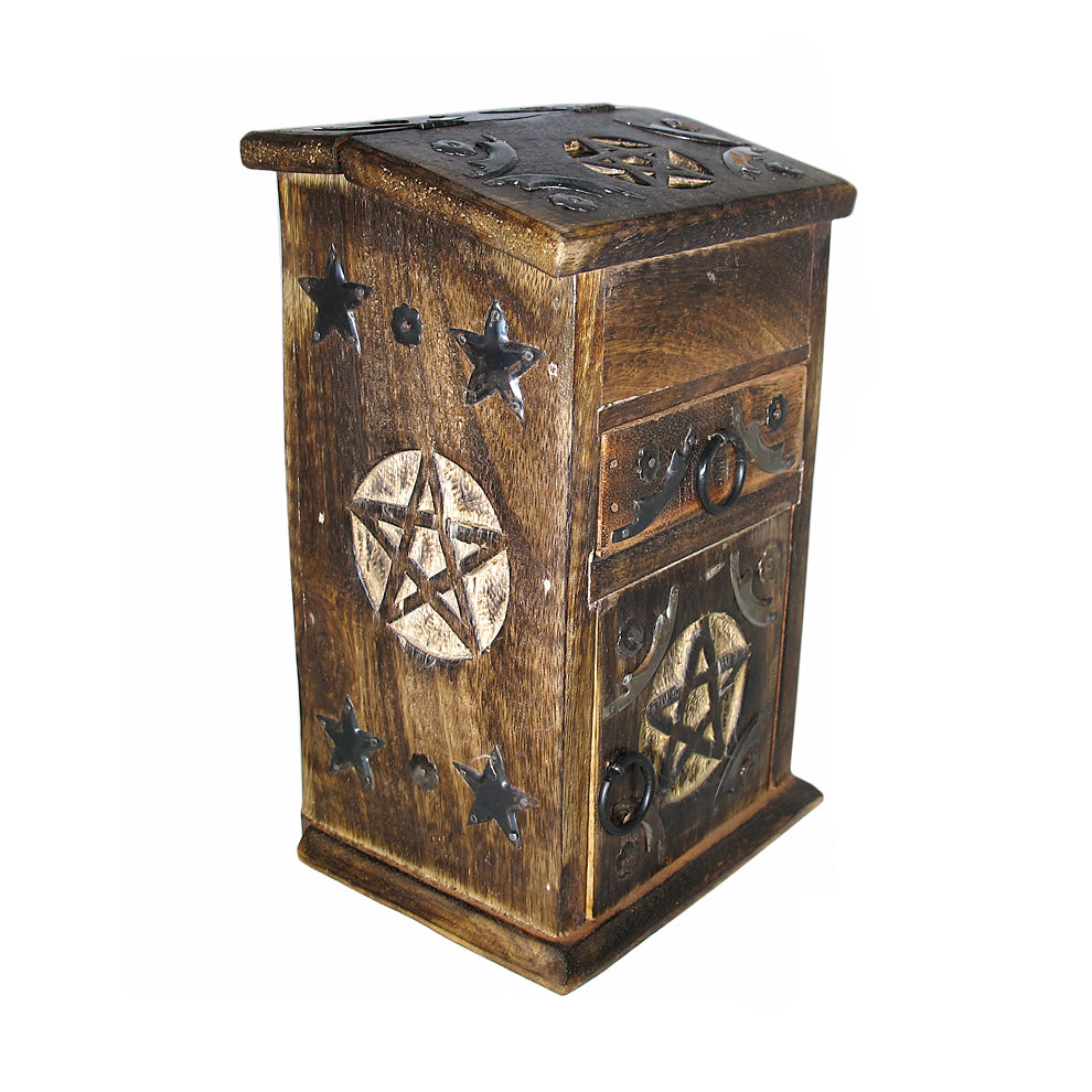 Pentacle Carved Wooden Herb Chest | Wood Box | Wiccan Center