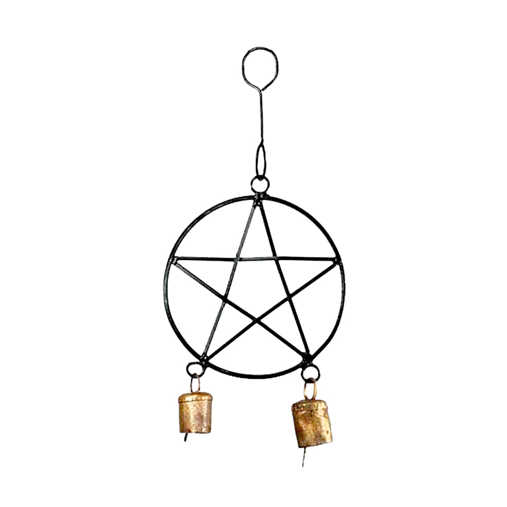 Black Pentacle Wind Chime with bells - 11" | Hanging Bells | Wiccan Center