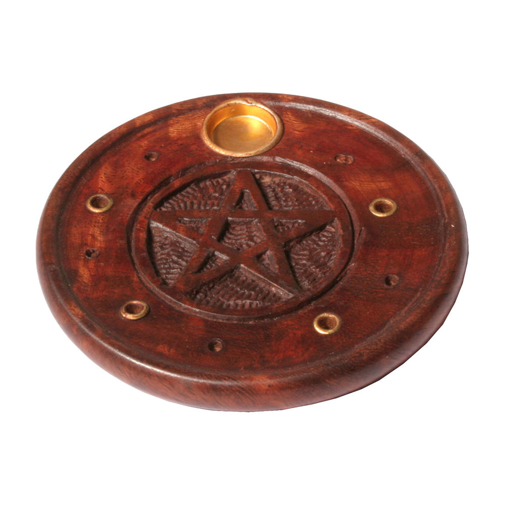 Pentacle Wood Round Incense Burner | Incense Burner | Wiccan Center
