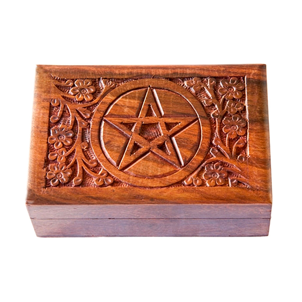 Pentacle Flower Carved Wooden Box | Wood Box | Wiccan Center