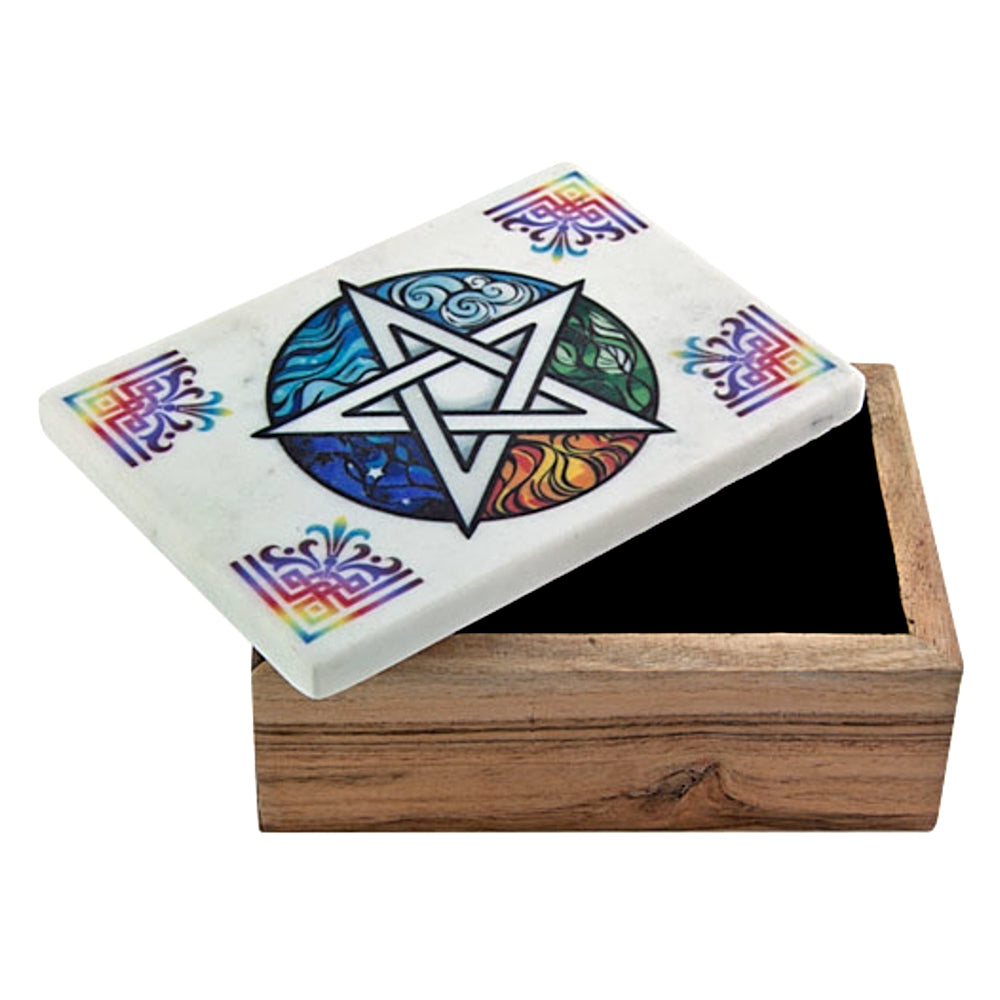 Pentacle Wooden Box with White Marble Lid | Metal Box | Wiccan Center