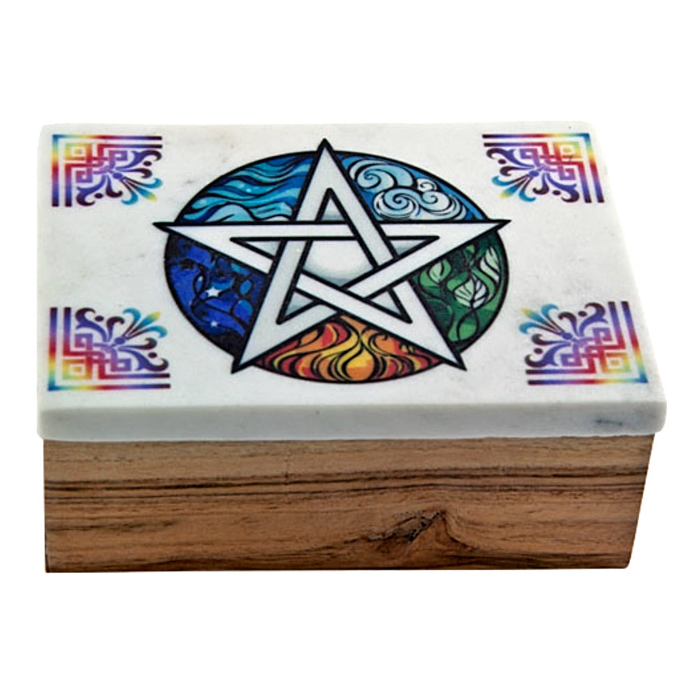 Pentacle Wooden Box with White Marble Lid | Metal Box | Wiccan Center