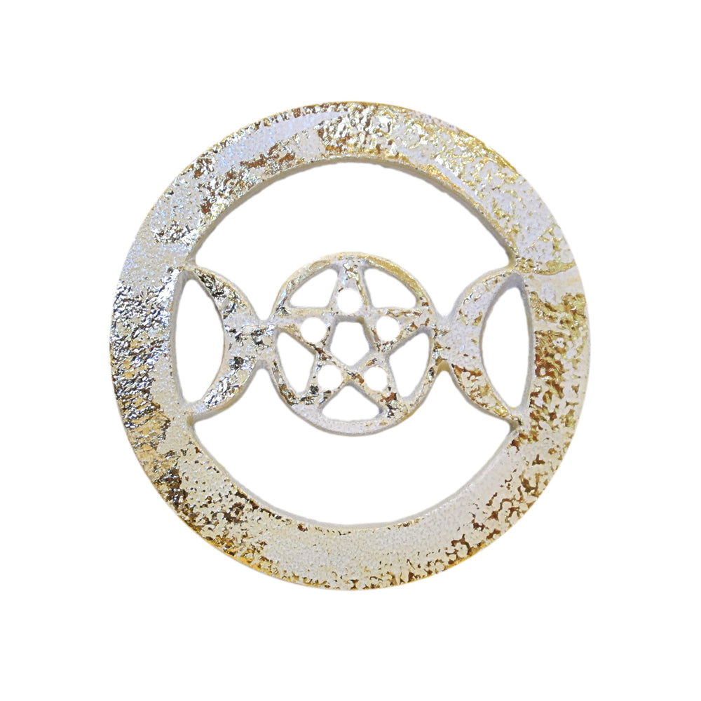 White w/Gold Triple Moon Pentagram Metal Altar Tile | Figurine | Wiccan Center