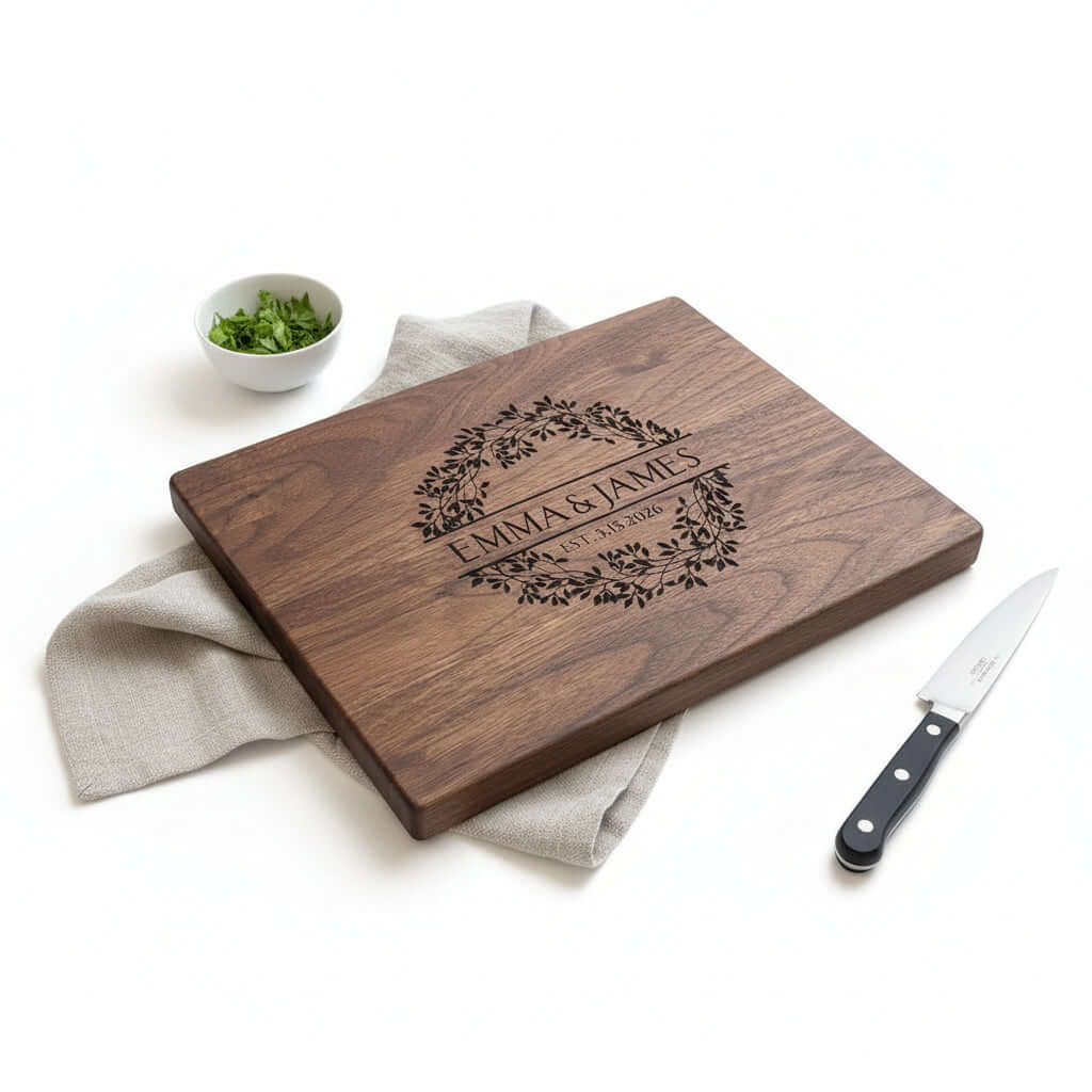 Personalized Walnut Cutting Board – Custom Engraved Wooden Kitchen Board