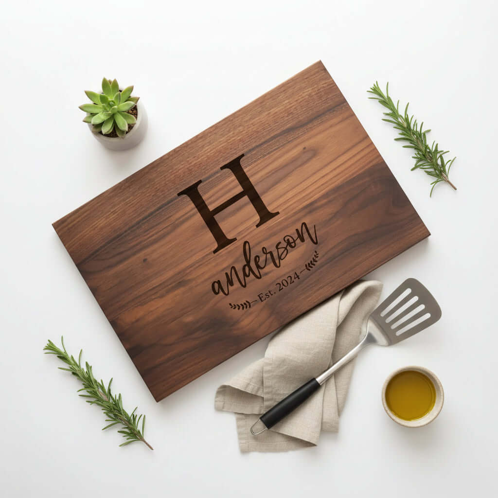 Personalized Walnut Cutting Board – Custom Engraved Wooden Kitchen Board