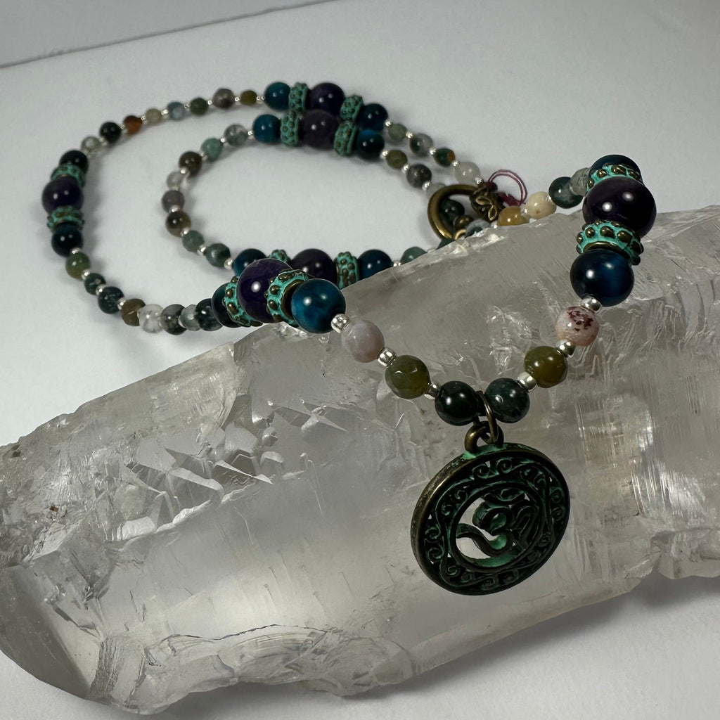 Bronze Patina 'Om' Pendant on Mixed Bead Necklace | Jewelry | Wiccan Center