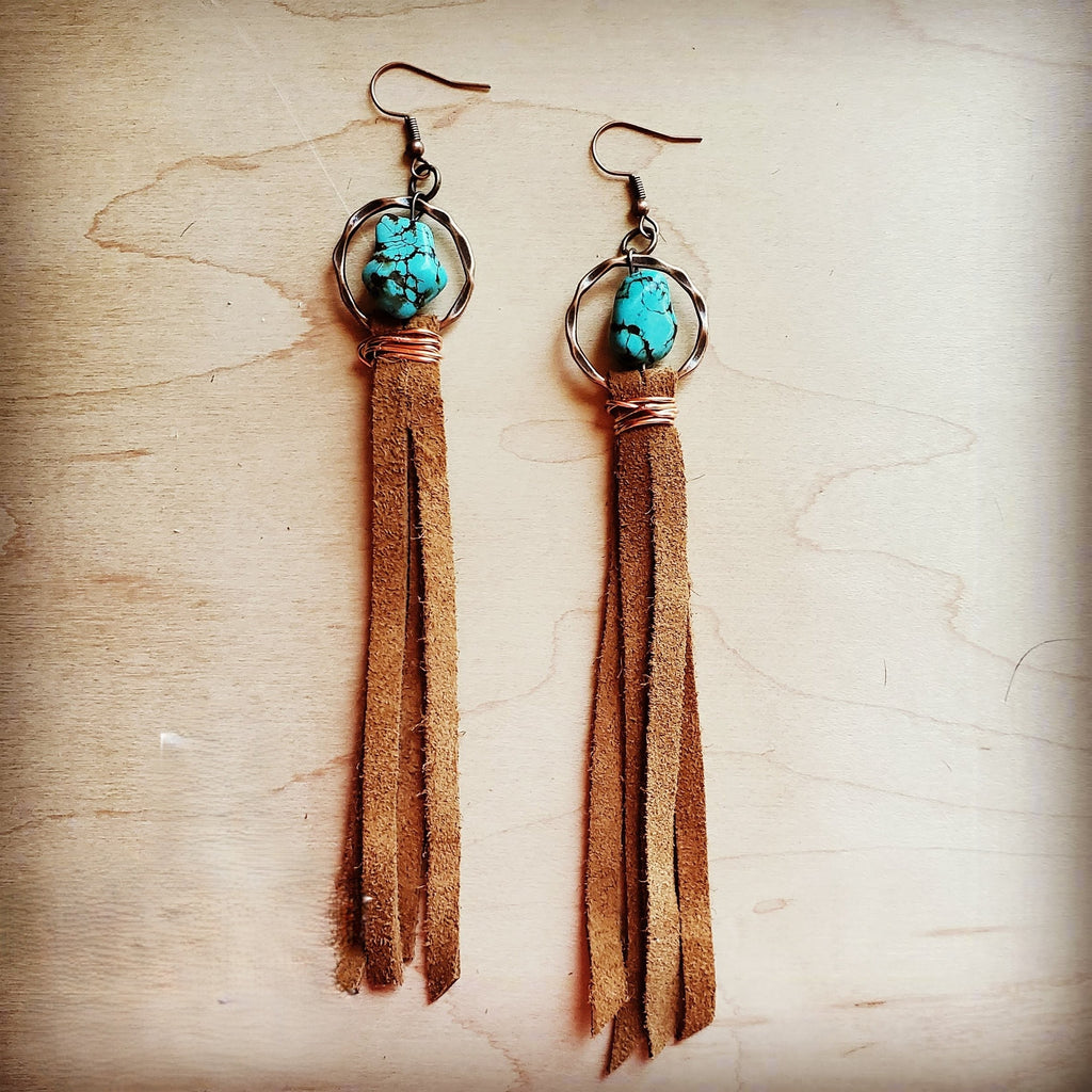 Turquoise Drop Earrings w/ Suede Leather Tassel 202s | Earrings | Wiccan Center