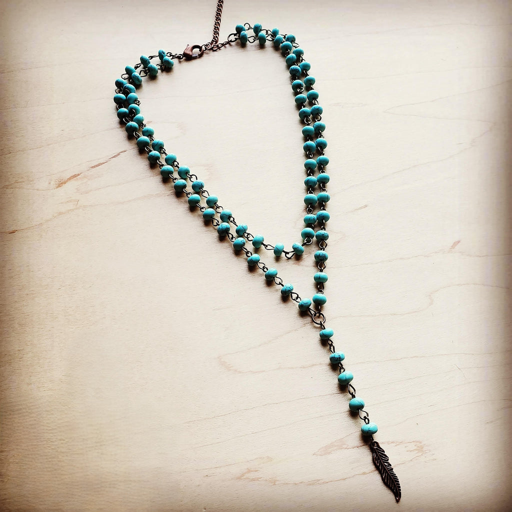 Double Strand Lariat Blue Turquoise Necklace w/ Copper Feather 251e | Necklace | Wiccan Center