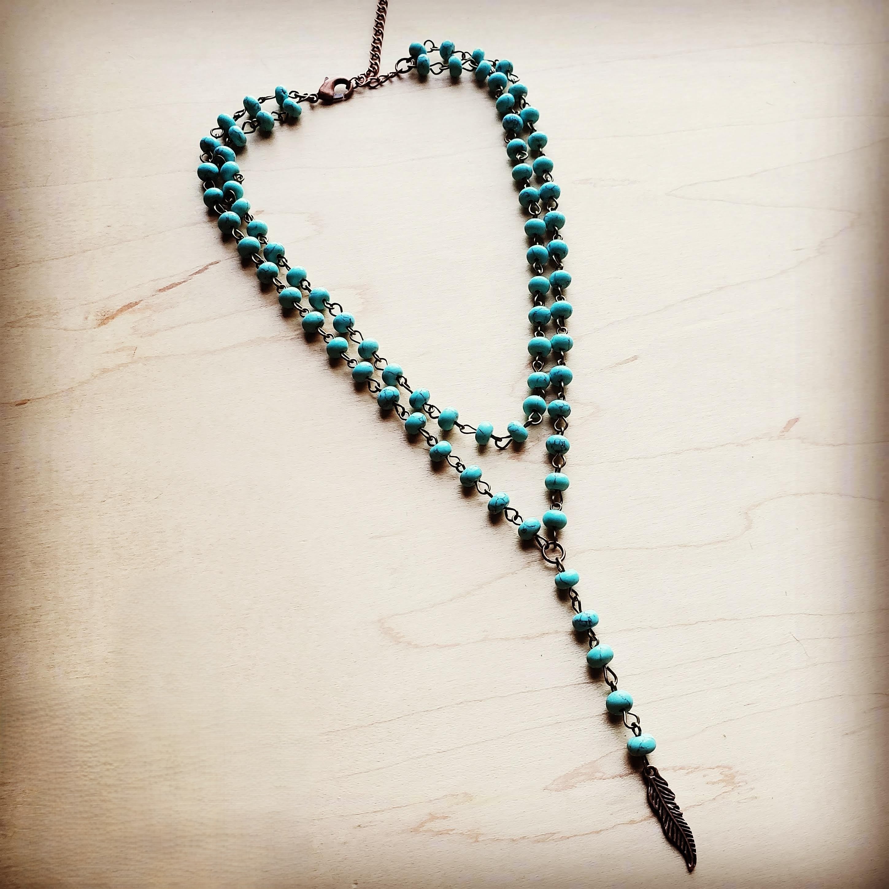 Double Strand Lariat Blue Turquoise Necklace w/ Copper Feather 251e | Necklace | Wiccan Center