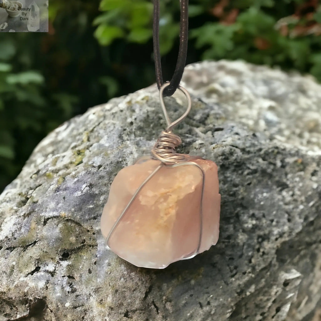 Rose Quartz Pendant Necklace with Stainless Steel Wrap