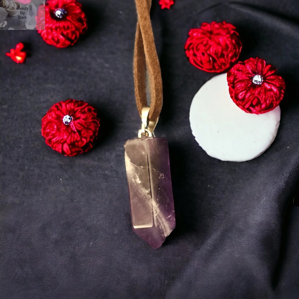 Amethyst Necklace with Stainless Steel and Leather Cord