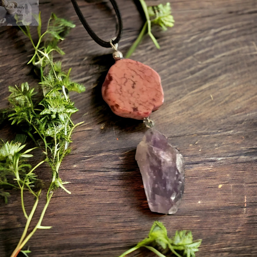 Amethyst and Jasper Pendant Necklace on Leather Cord