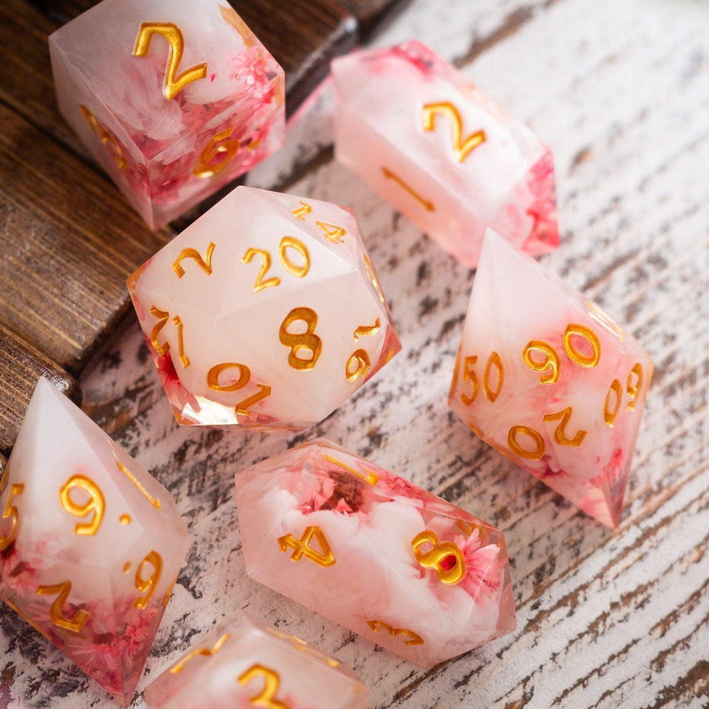 Pink Blossom Handmade Resin DND Dice Set | Resin Dice | Wiccan Center