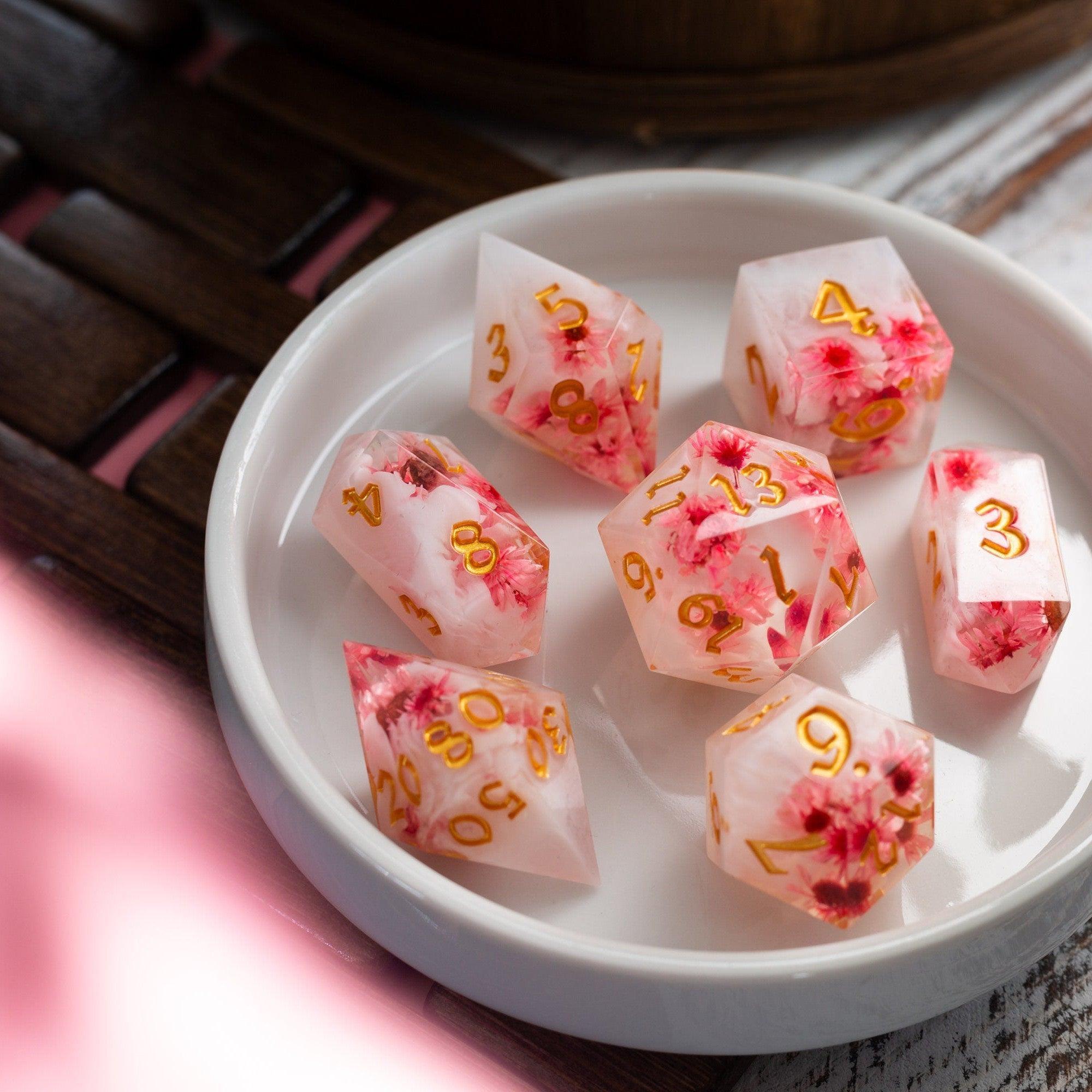 Pink Blossom Handmade Resin DND Dice Set | Resin Dice | Wiccan Center